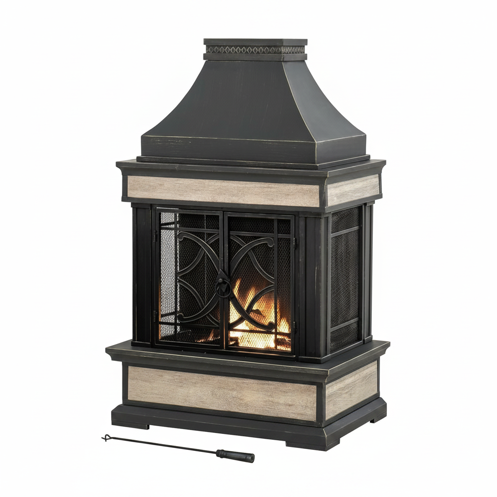 Outdoor Fireplace, Stone Look Tile Patio Wood Burning Steel Fireplace with Chimney, Spark Screen, Fire Poker, Rain Cover, and Removable Grate, Black with Golden Highlight