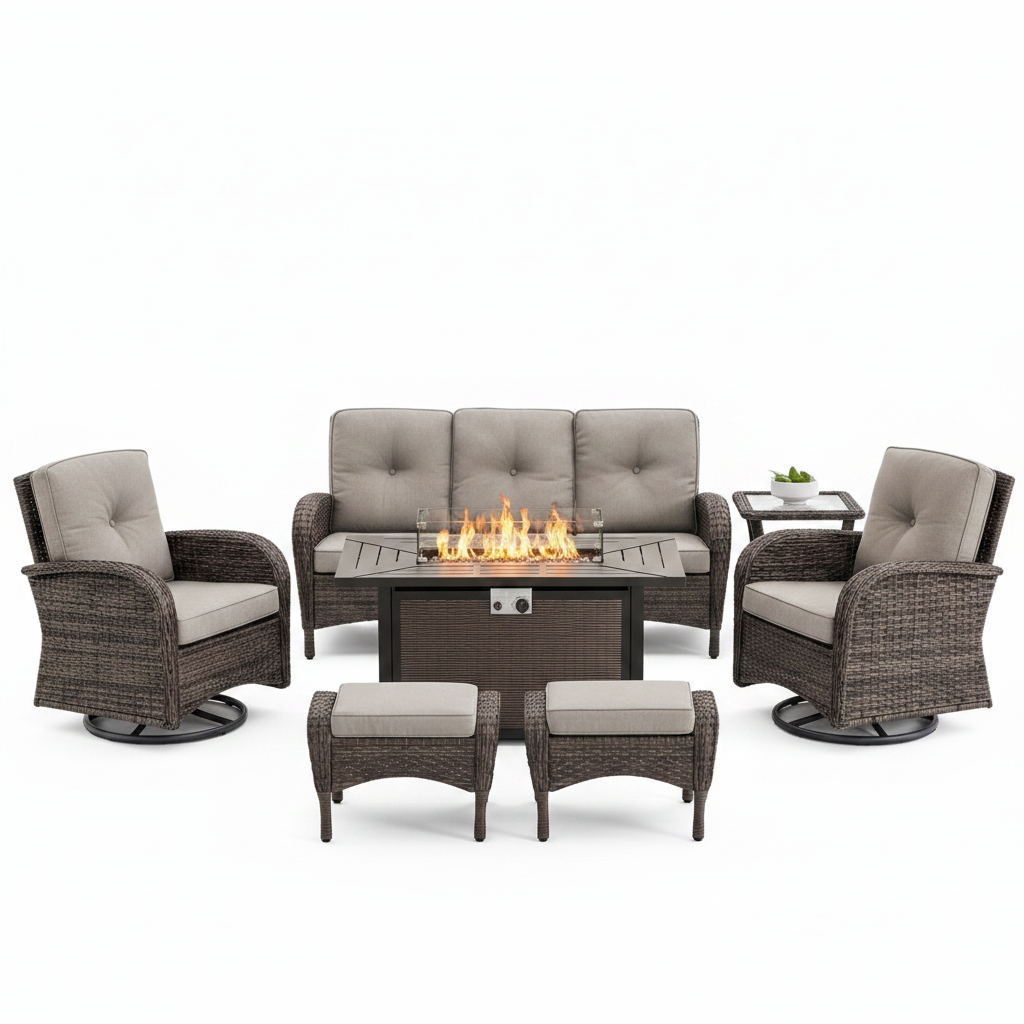 7 Piece Outdoor Patio Furniture Set, Patio Furniture Set with Fire Pit Table Rattan Wicker Patio Furniture Set, Brown Wicker & Beige Cushion