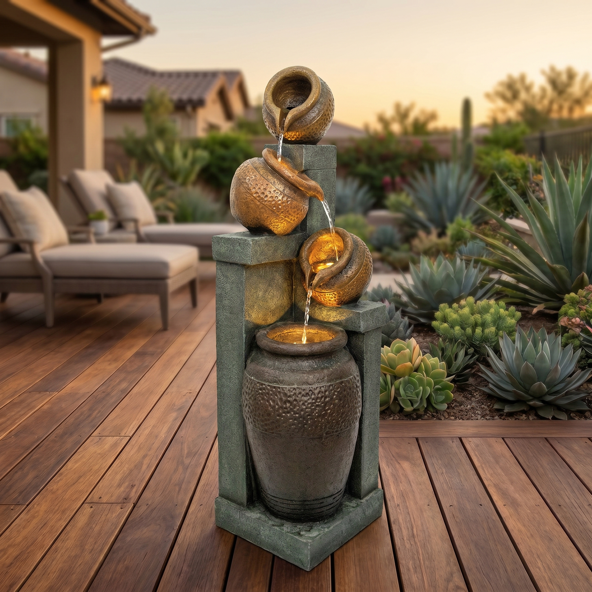 Outdoor 4-Tier Water Fountain with LED Lights - Brown Resin