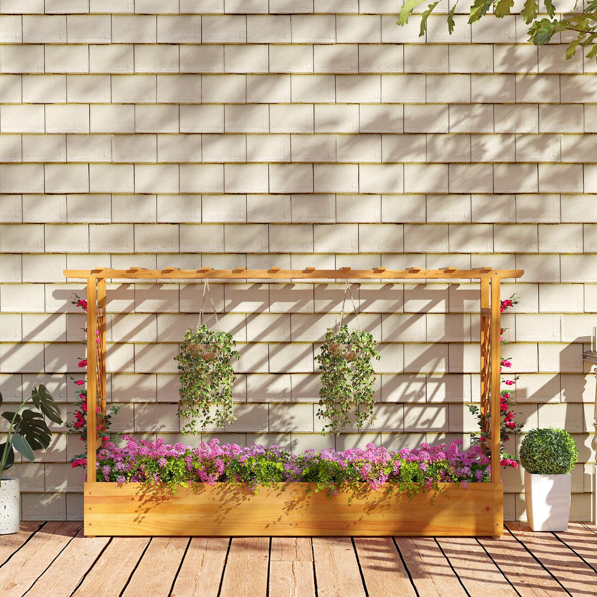 45 Inch Wooden Raised Garden Bed with Lattice Trellis for Outdoor-Natural