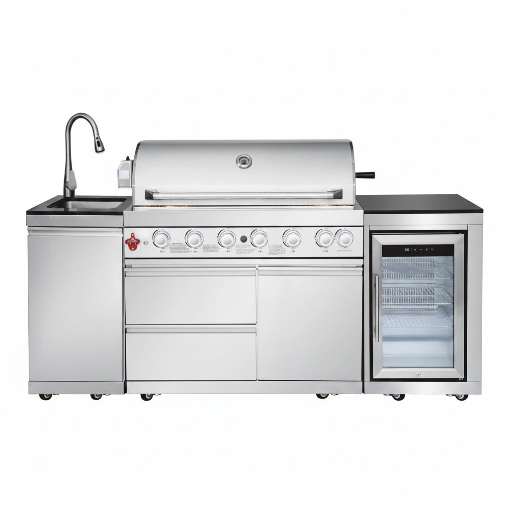Outdoor Kitchen Island with Built in Grill, 6 Burner 83500 BTU Stainless Steel Gas Barbecue Island, Patio Cooking Station with Sink & Wine Cooler, Built in Grill Island for Backyard (Silver)