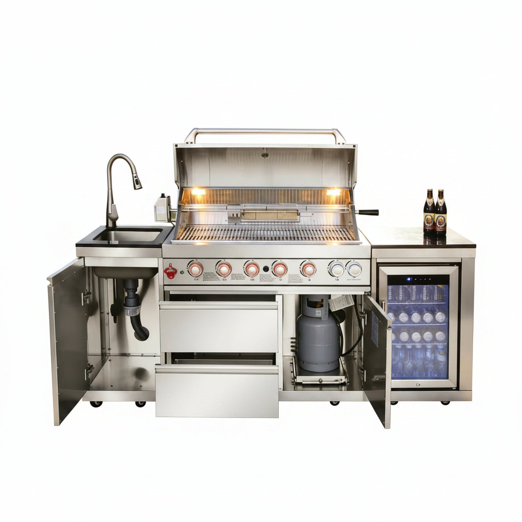 82-Inch 6-Burner Gas Grill 85,000 BTU Outdoor Kitchen Barbecue | Stainless Steel Grill Island with Sink, Storage Cabinets, and Wine Refrigerator,Backyard, Patio, Lawn, Silver