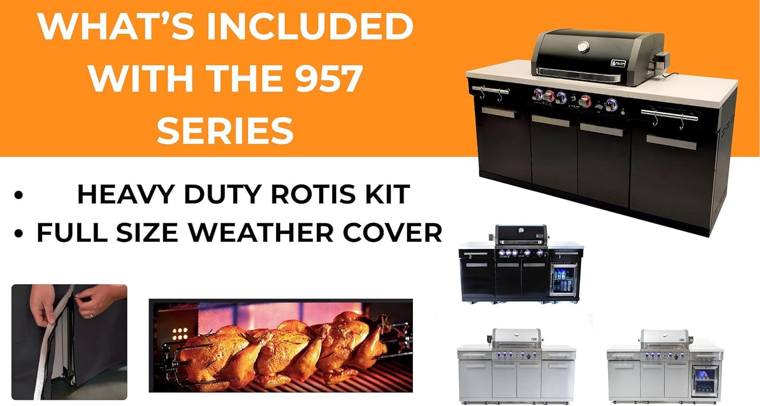 Premium 70"W Black Stainless Steel Outdoor Kitchen Island BBQ Gas Grill with Compact Refrigerator & Rotisserie Burner + Dual Sided Griddle Plate + Charcoal Tray + Natural Gas Conversion Kit