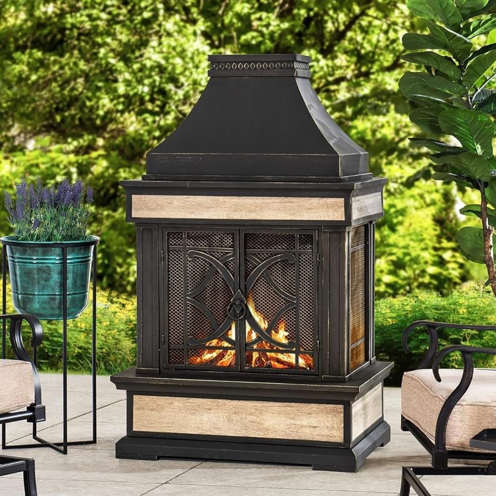 Outdoor Fireplace, Stone Look Tile Patio Wood Burning Steel Fireplace with Chimney, Spark Screen, Fire Poker, Rain Cover, and Removable Grate, Black with Golden Highlight