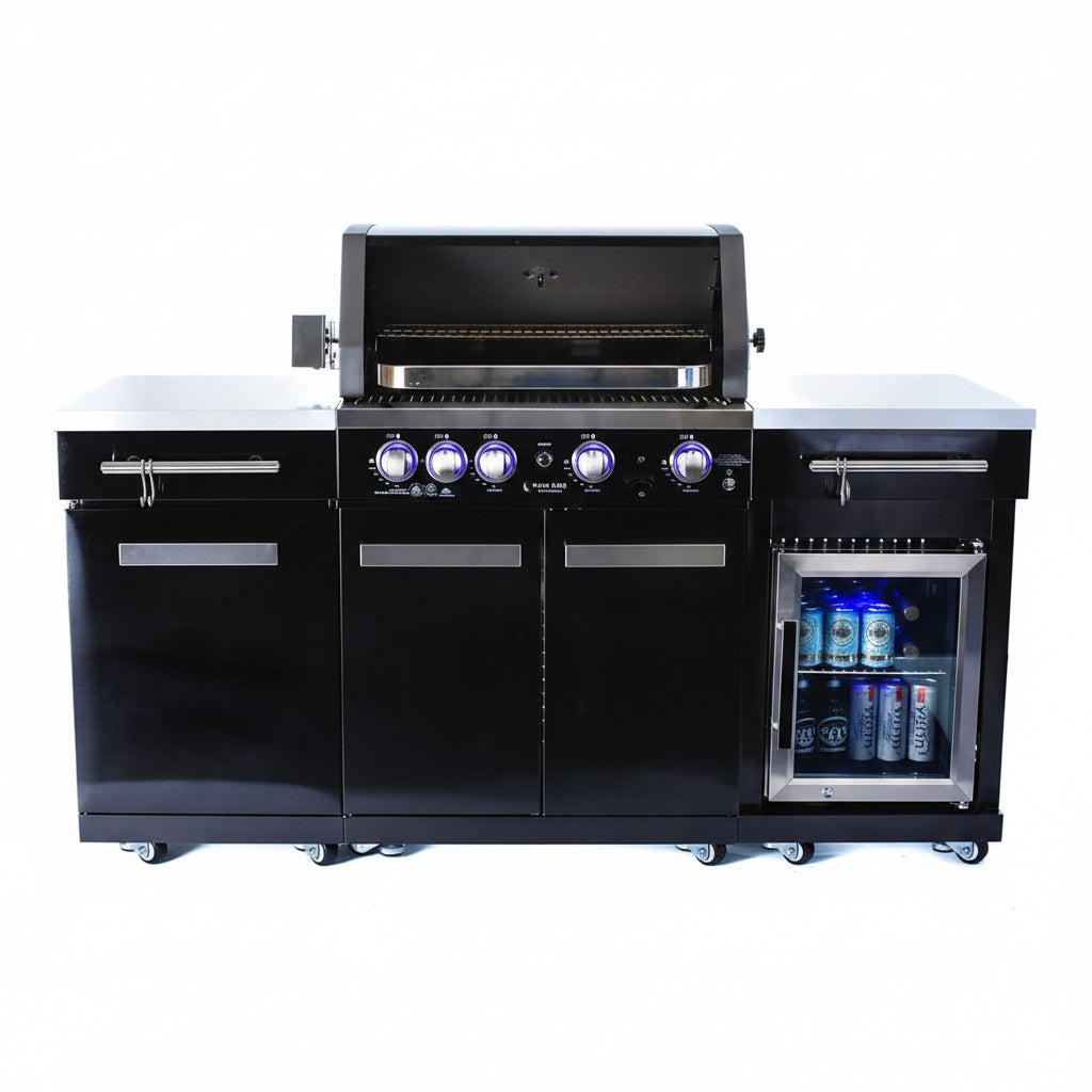 Premium 70"W Black Stainless Steel Outdoor Kitchen Island BBQ Gas Grill with Compact Refrigerator & Rotisserie Burner + Dual Sided Griddle Plate + Charcoal Tray + Natural Gas Conversion Kit