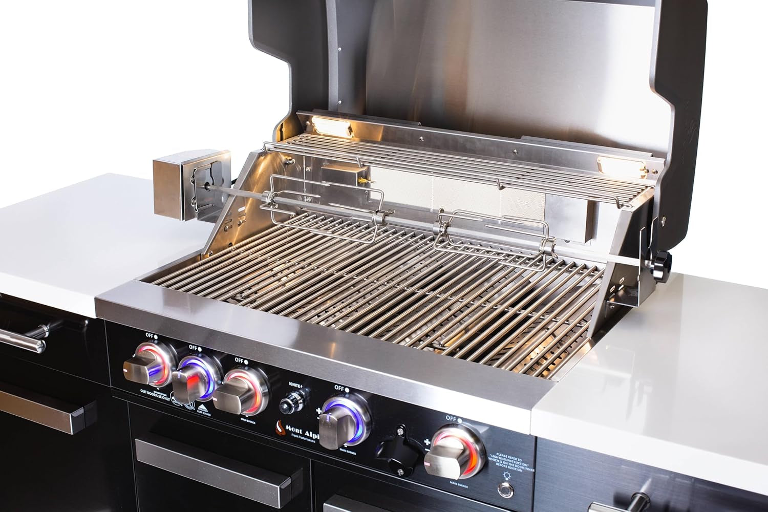 Premium 70"W Black Stainless Steel Outdoor Kitchen Island BBQ Gas Grill with Compact Refrigerator & Rotisserie Burner + Dual Sided Griddle Plate + Charcoal Tray + Natural Gas Conversion Kit